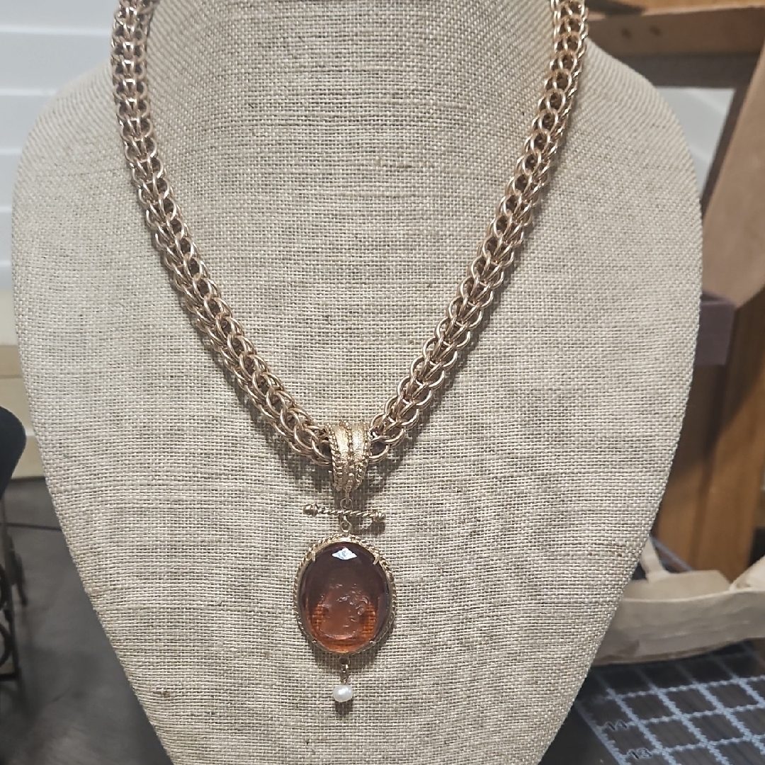 Gold-Tone Necklace With Amber Glass Pendant And Pearl By Patrizia Daliana